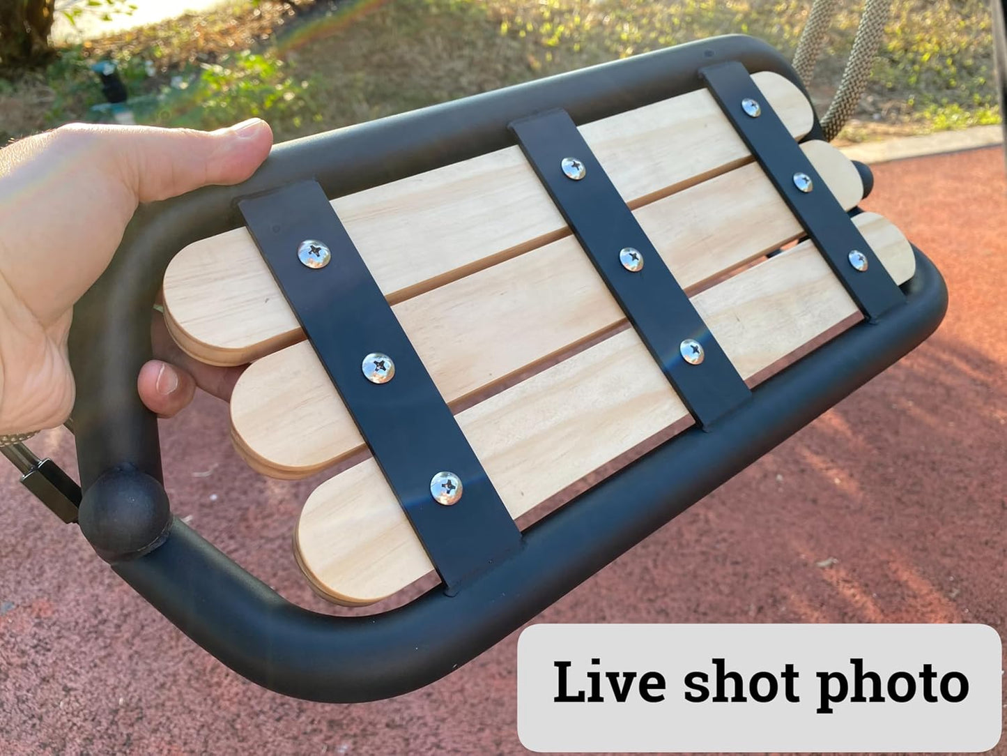 SELEWARE Hanging Wood Swing Seat Tree Swing for Kids, 100% Polyester Weather Proof Rope Heavy Duty Steel Tubing Structure Backyard Swing Set Replacement