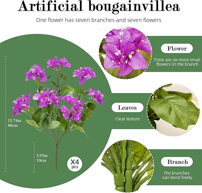 4 Pcs Artificial Flowers Bougainvillea Outdoor Artificial Plants Faux Flowers with Stems Silk Flowers for Wedding Porch Living Garden Decor(4PCS,Dark Purple)