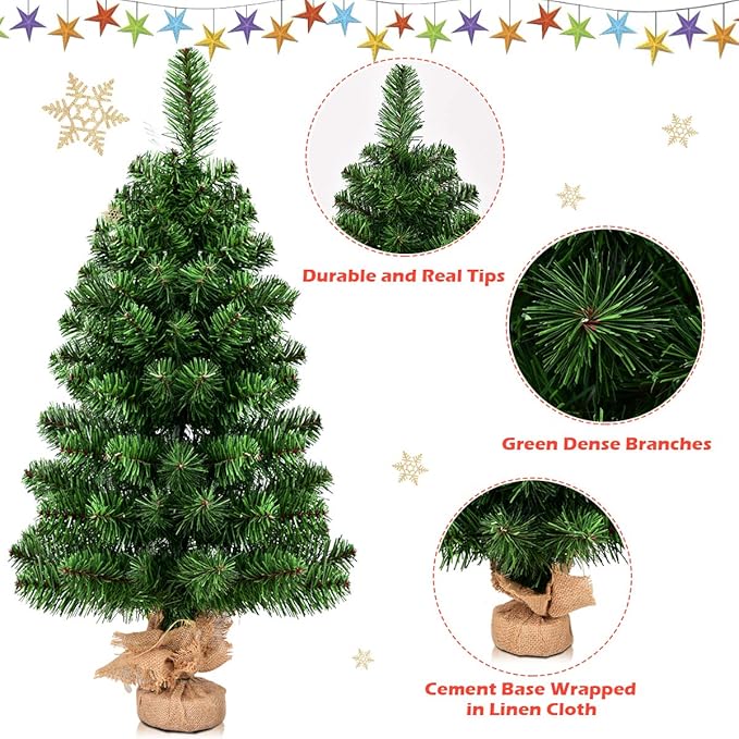 HAPPYGRILL 3 Feet Small Christmas Tree, Artificial Tabletop Mini Christmas Tree with 96 PVC Branch Tips, Burlap Cement Base, Spruce Xmas Tree for Home, Office Holiday Decoration, No Assembly Required