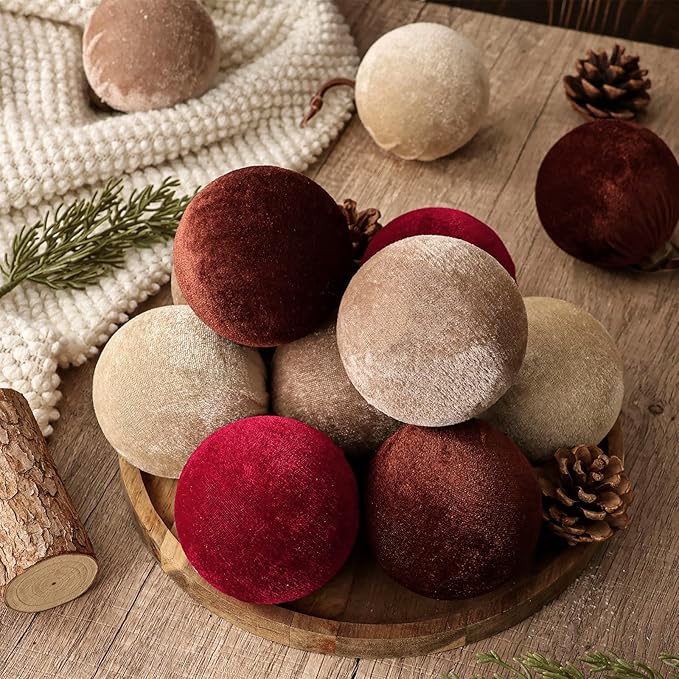 Christmas Decorations Indoor Tree Ornaments: 16pcs Large Red Brown Velvet Christmas Decorations, 3.15" Red Brown Beige Xmas Ball Ornament Decor for Tree Fireplace Garland, Kids Home School Office