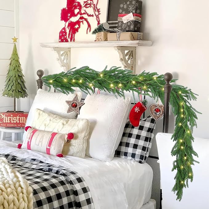 Hananona 2 Pcs 9 Ft Artificial Norfolk Pine Garlands, Real Touch Winter Pine Garland, Green Artificial Greenery Garland for Table, Mantle, Wall, Indoor, Outdoor Christmas Decorations (2, 9 Ft)