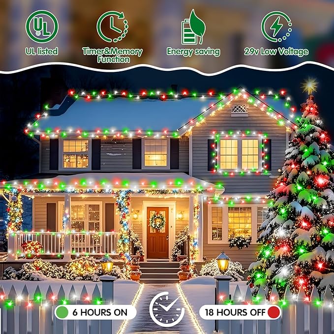 Heceltt Christmas Lights Outdoor, 522FT 1300 LED String Lights with 8 Lighting Modes &TimerTwinkle Fairy Lights Waterproof Plug in for Xmas Tree Wedding Party Holiday Decor(Red Green and White)