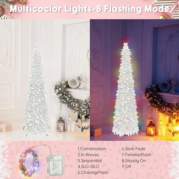 BTU Pop Up Christmas Tree, 5FT Collapsible Artificial Christmas Tree with 90 LED Lights, Tinsel Small Pencil Christmas Tree for Home Holiday Fireplace Party Indoor Outdoor Xmas Decorations (White)