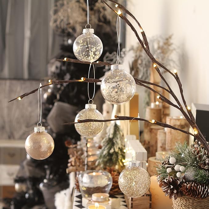 Sea Team Christmas Baubles Set Clear Plastic Shatterproof Multi-Size Decorative Christmas Baubles with Stuffed Delicate Decorations (25 Pieces, Champagne)