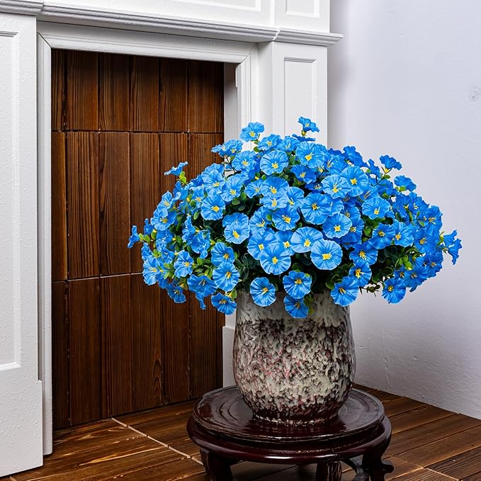 Artificial Faux Flowers for Outdoor 16 Bundles Boxwood Fake Morning Glory for Planter,UV Resistant Fake Flowers for Home Porch Patio Outside（Blue）