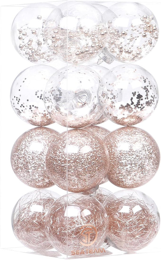 Sea Team Shatterproof Clear Plastic Christmas Ball Ornaments Decorative Xmas Balls Baubles Set with Stuffed Delicate Decorations (100mm/3.94 inch 16-Pack, Rose Gold)