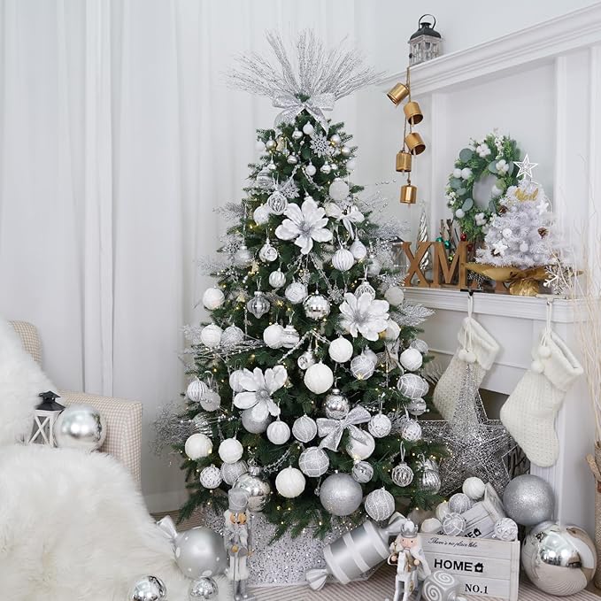 XmasExp 99-Pack Christmas Ball Ornaments Assorted Shatterproof Christmas Tree Decorations with Hand-held Gift Package for Xmas Tree,Home,Party(Silver-White)