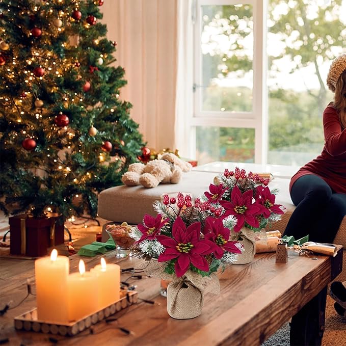 HUAESIN 2PCS Artificial Poinsettias Potted 11" Christmas Plants Fake Mini Christmas Tree with Berries Pinecone Table Centerpieces Indoor Xmas Decorations for Tables Kitchen Office Desk Home