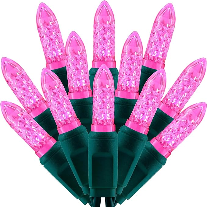 100 Pink Faceted One-Piece LED Christmas Lights, 33 ft Green Cord High Waterproof UL Certified M6 Outdoor String Lights (Pink)