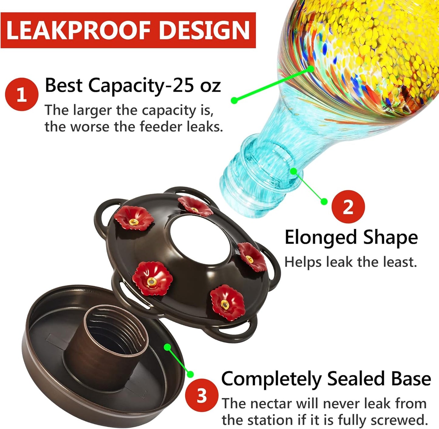 LUJII Hand Blown Glass Hummingbird Feeder for Outdoors with Ant Moat, Leak Proof & Rustproof, 25 fl.oz, Metal Base Cover with 5 Feeding Ports & Perches, Glass Art for Garden Decor (Blue Mixed Yellow)