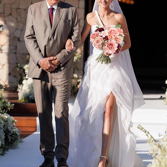 30 Pcs Artificial Flowers Combo Red Flowers Mix Silk Flowers Dahlia Roses with Stems for DIY Wedding Bridal Bouquets, Baby Shower, Floral Arrangement, Table Centerpieces, Home Decorations.