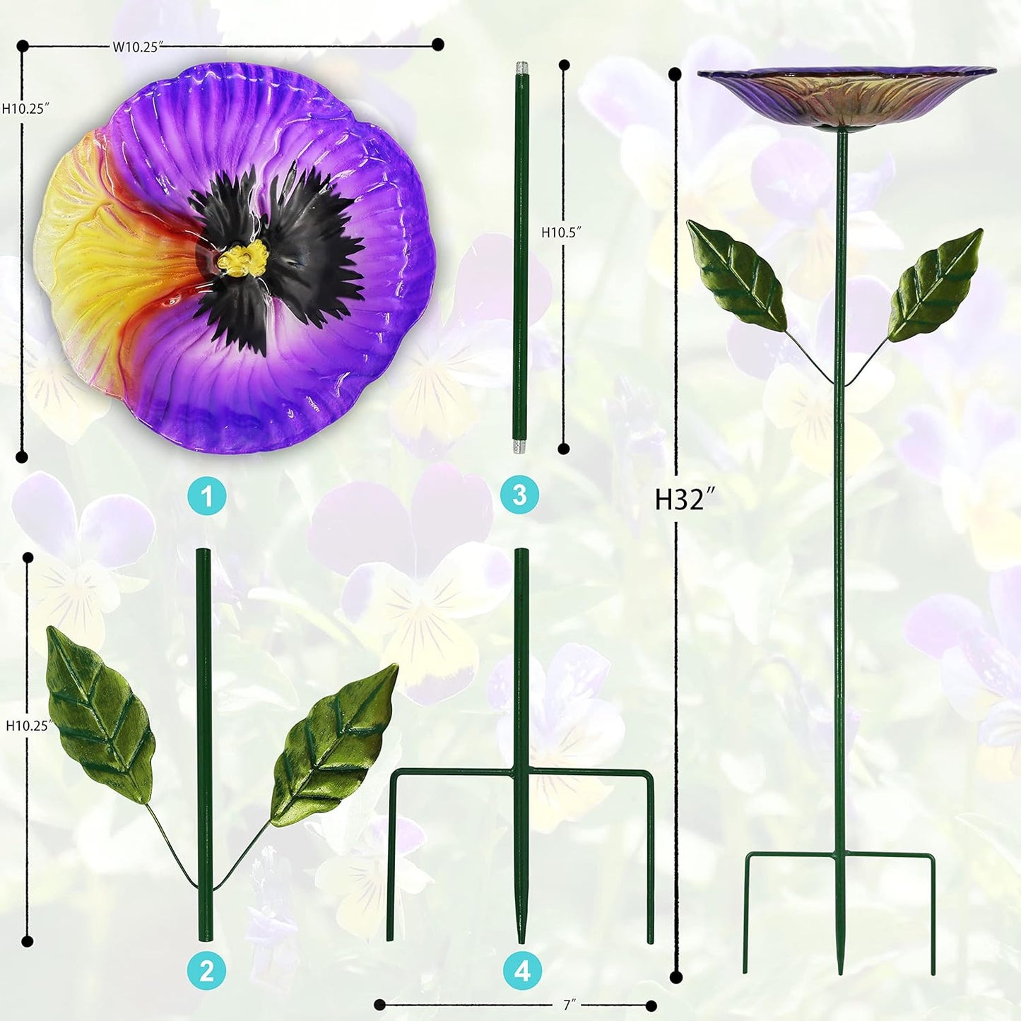 Glass Bird Baths for Outdoor, Garden Birdbath Bird Feeders Hydrangea Decor Birdfeeder with Metal Stake for Garden, Yard, Lawn, Courtyard