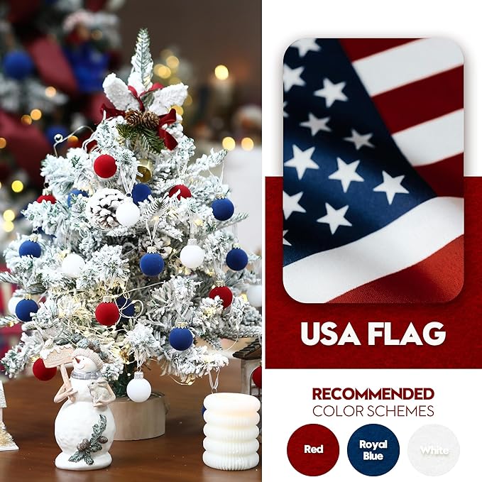 Sea Team 64-Pack Miniature Flocked Velvet Christmas Tree Ball Ornaments Set, Hanging Velour Baubles, Shatterproof Plastic Decorations for Xmas Tree, Wreath, Garland, 30mm/1.18 Inches, US Flag