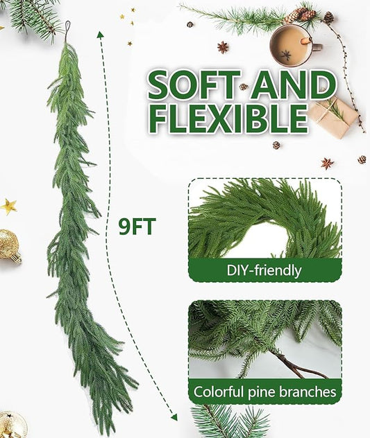 Christmas Garlands Norfolk Pine Garland Real Touch Artificial Faux Greenery Garland for Holiday Table Mantle Wall Indoor Outdoor Decor (9FT)