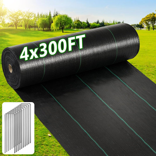 4ft×300ft Garden Weed Barrier Fabric, 3.2oz Premium Weed Blocker with 60 U-Shaped Securing Pegs, Weed Preventer for Gravel, Driveway, Gardening, Farming, Underlayment, Landscape