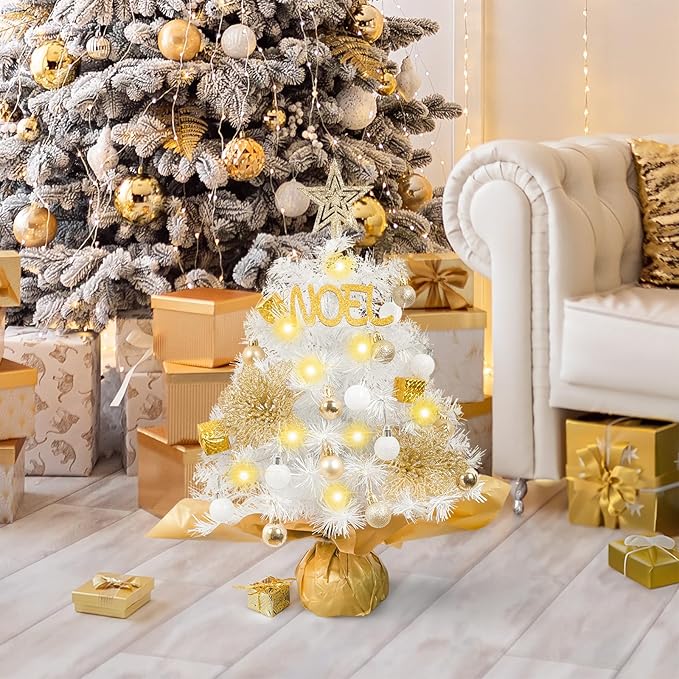 XmasExp Mini Christmas Tree with Lights White Small Christmas Tree Artificial Tabletop Xmas Decor Holiday Decoration for Home, Office, Party