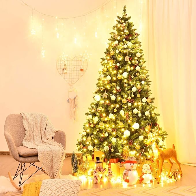 Happygrill 7.5 Feet Christmas Tree Hinged Artificial Christmas Tree with Sturdy Metal Stand Pine Cones and Red Berries, 1526 Branch Tips Xmas Tree for Home Office