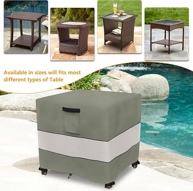 Patio Wicker Side Table Cover,22W x 22D x 18H inch,Waterproof Square Patio Small Side Table Cover,Suitable for 3-Piece Outdoor Wicker Patio Bistro Set Side Table Grey Green