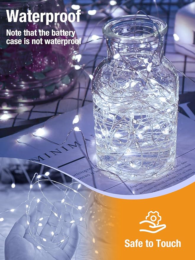 btfarm Fairy Lights Battery Operated with Timer 8 Modes, 16.4 FT 50 LED Silver Wire Twinkle String Lights Battery Powered Dimmable Waterproof for Indoor Home Party Wedding Christmas Decor, Cool White