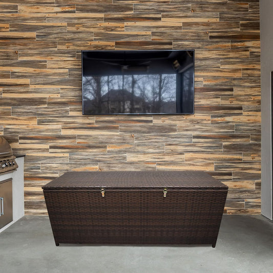 Oakland Living Brown Indoor and Outdoor Balcony Patio Deck Porch Pool 113 Gallon Wicker Storage Box Trunk Bin with Metal Frame