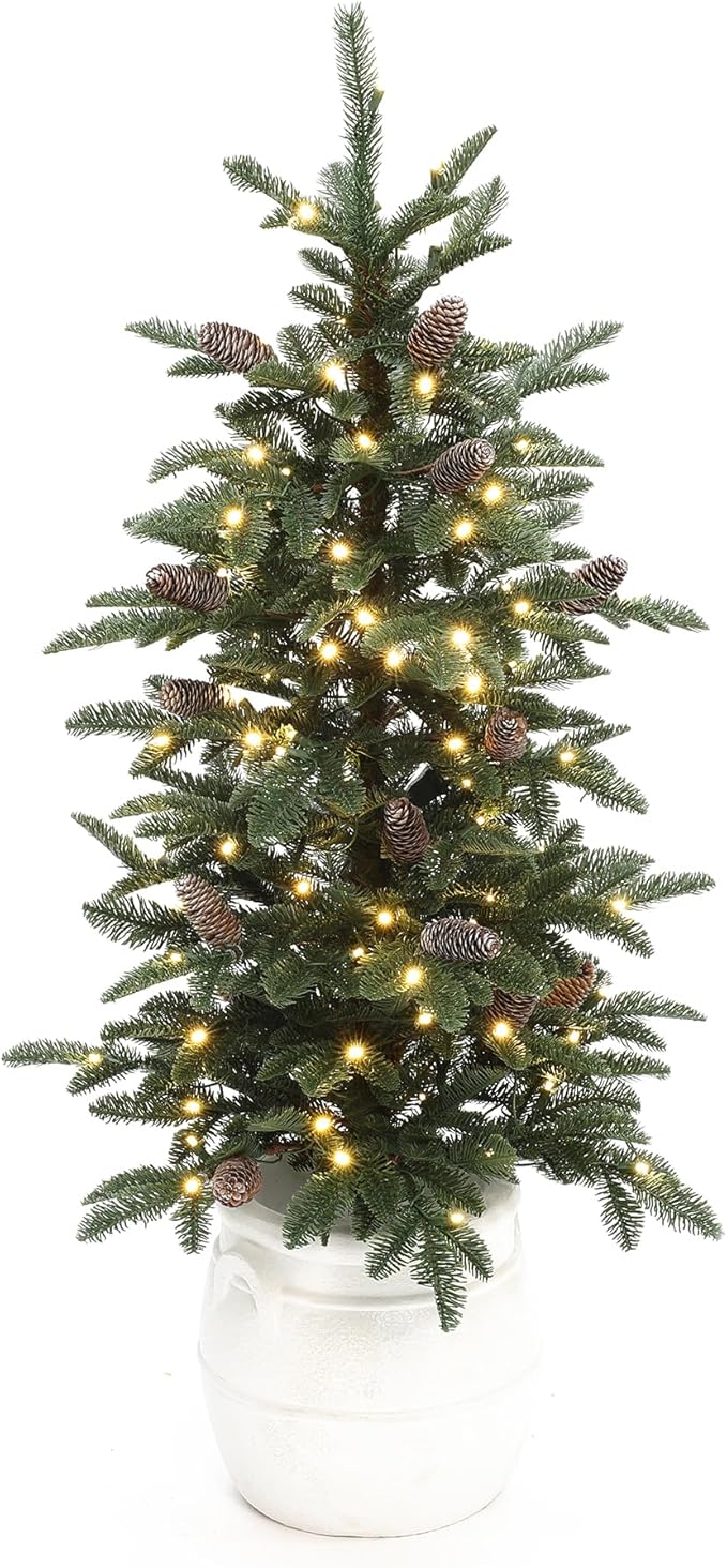 LuxenHome 4FT Small Christmas Tree, Slim Potted Christmas Trees with 100 Warm White LED Lights, Artificial Pine Tree with Pine Cone and White Round Base, Faux Tree for Holiday Decorations