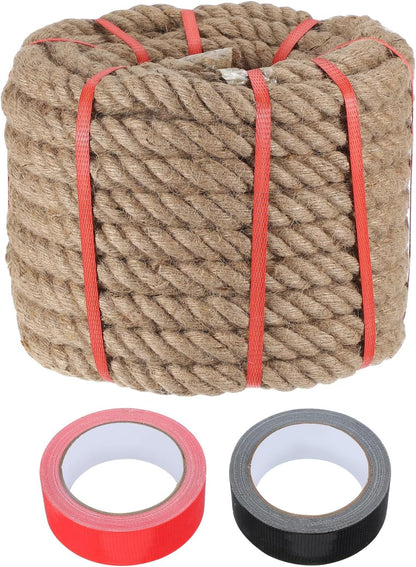 MECCANIXITY Jute Rope 0.9 Inch x 75ft, Thick Twine Rope Ropes Braided Jute Twine Natural Brown Burlap Cord String Heavy Twisted with Tapes for Decorative Crafts Railing Swing Tug of War