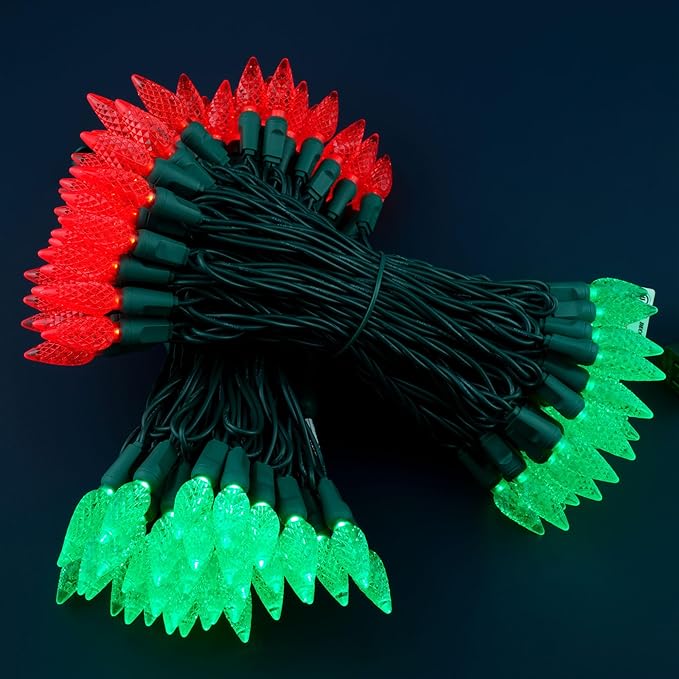 YULETIME Red and Green One-Piece C6 Strawberry Christmas Lights 140 Count 71 Feet, 2 Sets 70 LED 35.5 ft High Waterproof UL Certified String Light (Red & Green)
