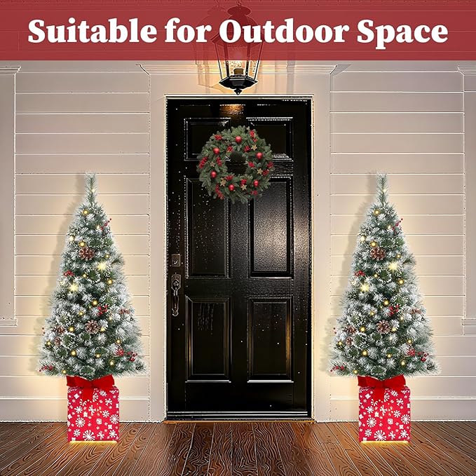 Brightever 4FT Artificial Christmas Tree, Pre-lit Small Christmas Trees with Warm White String Lights, Plug in Green Outdoor Frosted Tip Xmas Trees for Front Door, Snowflake Gift Box Base & Ornaments