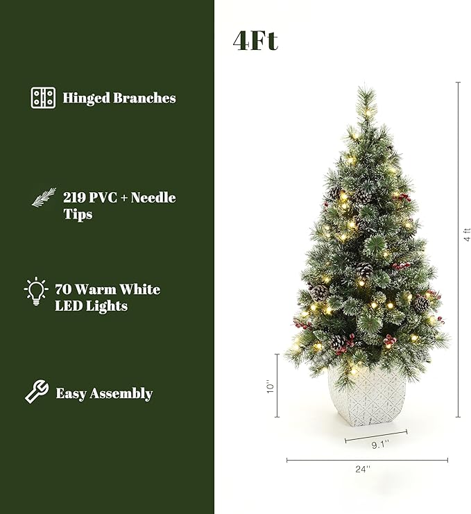 LuxenHome 4FT Christmas Tree, Small Christmas Tree with Lights, Berries and Pine Cones, Potted Christmas Trees with 70 LED Lights, Prelit Xmas Tree for Indoor and Outdoor Use