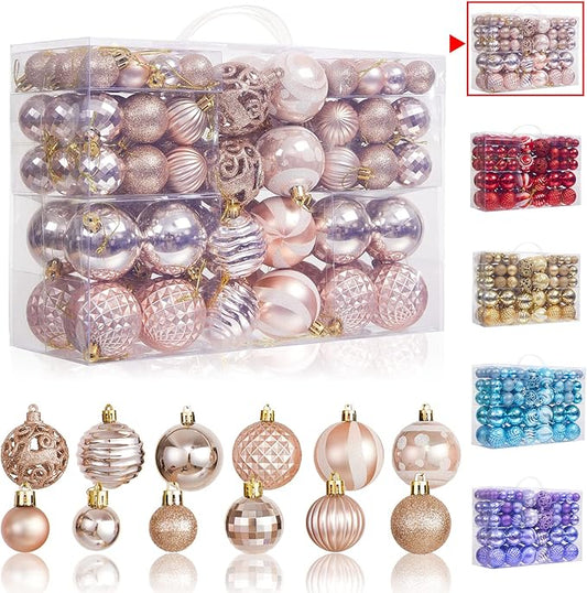 100Pcs Christmas Ball Ornaments Set, Assorted Shatterproof Christmas Tree Balls, Decorative Hanging Baubles Set for Holiday Weeding Party Home Decorations, Rose Gold