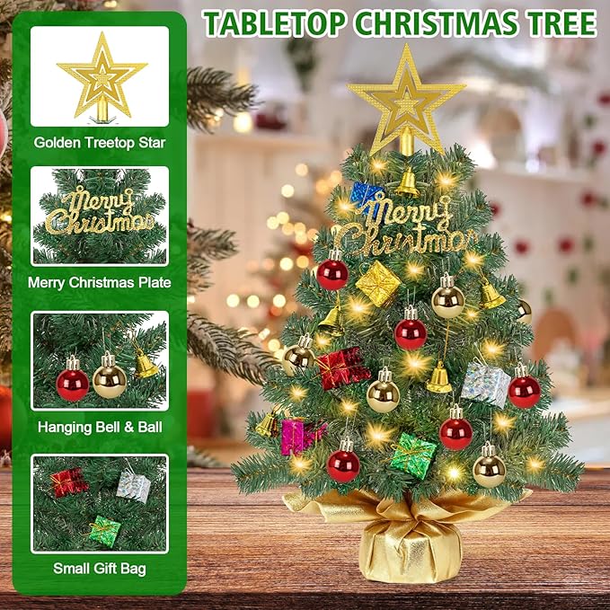 24 Inch Realistic Tabletop Christmas Tree Small Christmas Tree with 50 Warm Lights Star Treetop and Ornaments Battery Operated Indoor Home Table Christmas Decorations