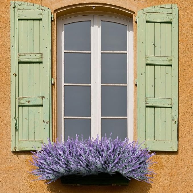 Ouddy Decor 12 Bundles Artificial Lavender Fake Flowers Faux Plastic Plants for Home Wedding Kitchen Garden Patio Window Box Office Table Centerpieces Indoor Outdoor Decor, Gray Purple