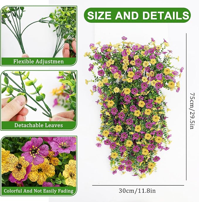 Artificial Flowers for Outdoors 6PCS，All Weather Fade Proof, UV Resistant Waterproof Realistic Faux Silk Mums Daisies Purple & Yellow for Hanging Planters Porch Patio Balcony Deck Fence Garden Decor