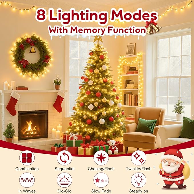 Hishine 49FT 1000LED Christmas Lights Outdoor, String Lights Indoor 8 Modes Waterproof Plug in Christmas Tree Light for Holiday, Warm White