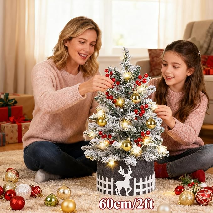 2FT Snow Flocked Mini Christmas Tree with Lights, Pre-Lit Small Christmas Tree for Home, Artificial Xmas Tree for Office, Shop, Bar, Party, Indoor Outdoor Decoration (Battery Not Included)