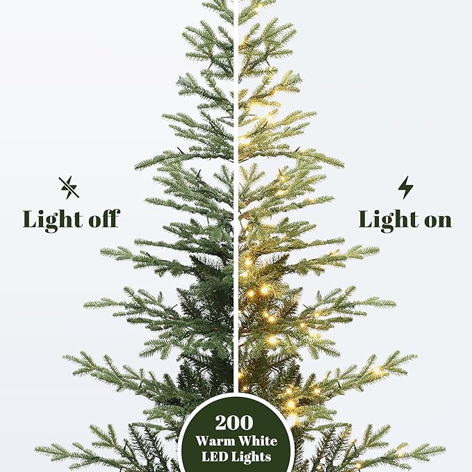 LuxenHome 5FT Potted Christmas Tree with Lights, Slim Small Christmas Trees with 200 Warm White LED Lights, Realistic Fir Artificial Xmas Tree with White Pot for Holiday Display