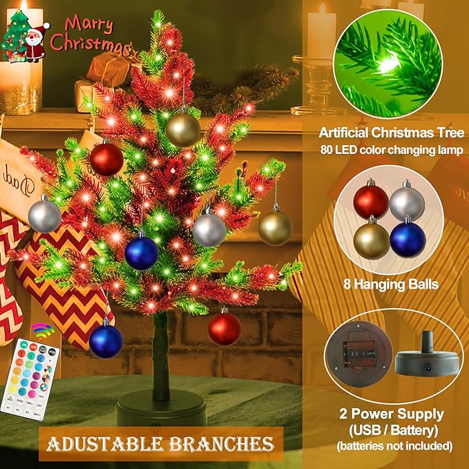 Pooqla RGB Lighted Mini Christmas Tree, Color Changing Tabletop LED Xmas Tree with Remote, 28 Colors 80 LED Pre-lit Artificial Small Tree with Hanging Ball Ornaments Home Party Christmas Decoration