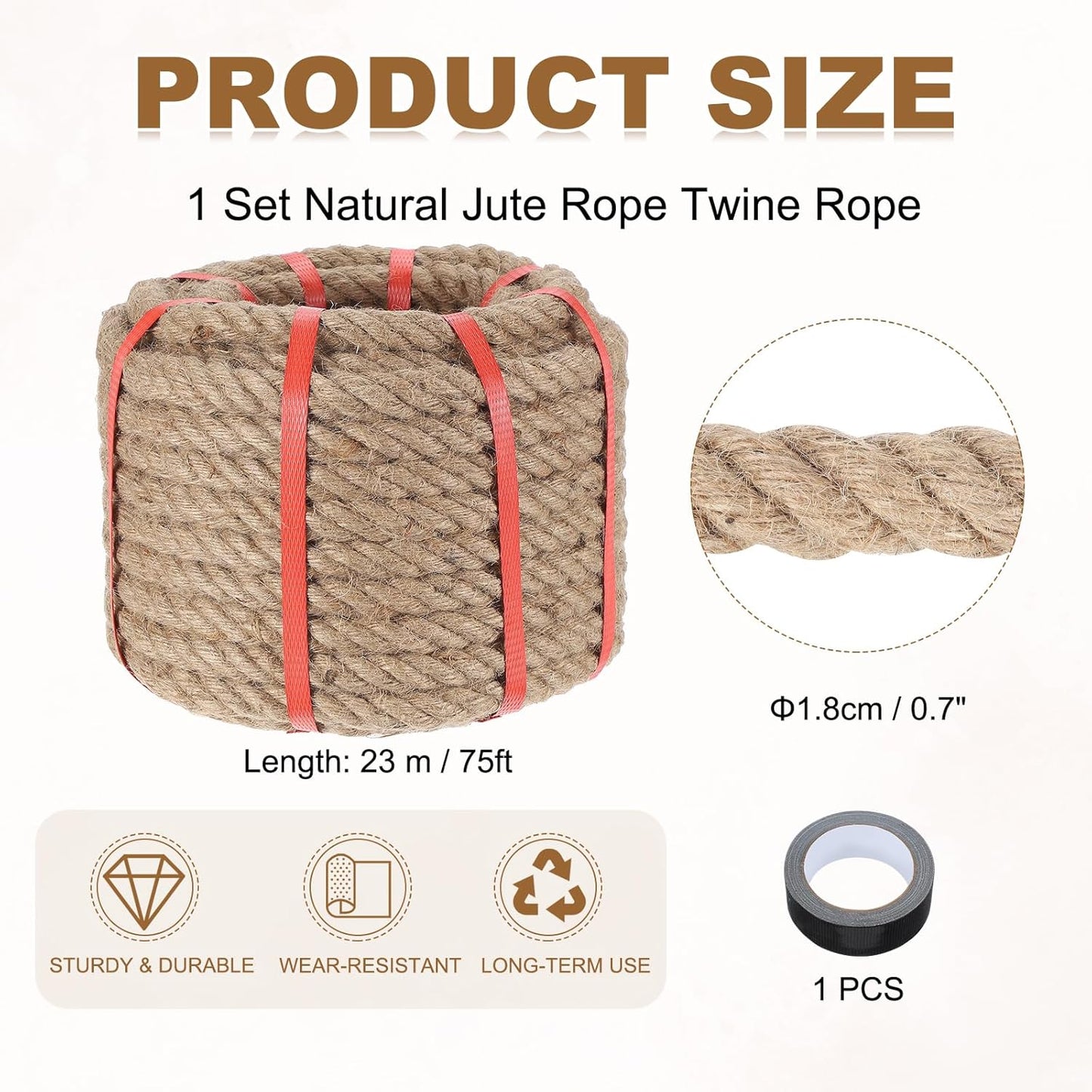 MECCANIXITY Jute Rope 0.7 Inch x 75ft, Thick Twine Rope Ropes Braided Jute Twine Natural Brown Burlap Cord String Heavy Twisted with Tape for Decorative Crafts Railing Swing Tug of War