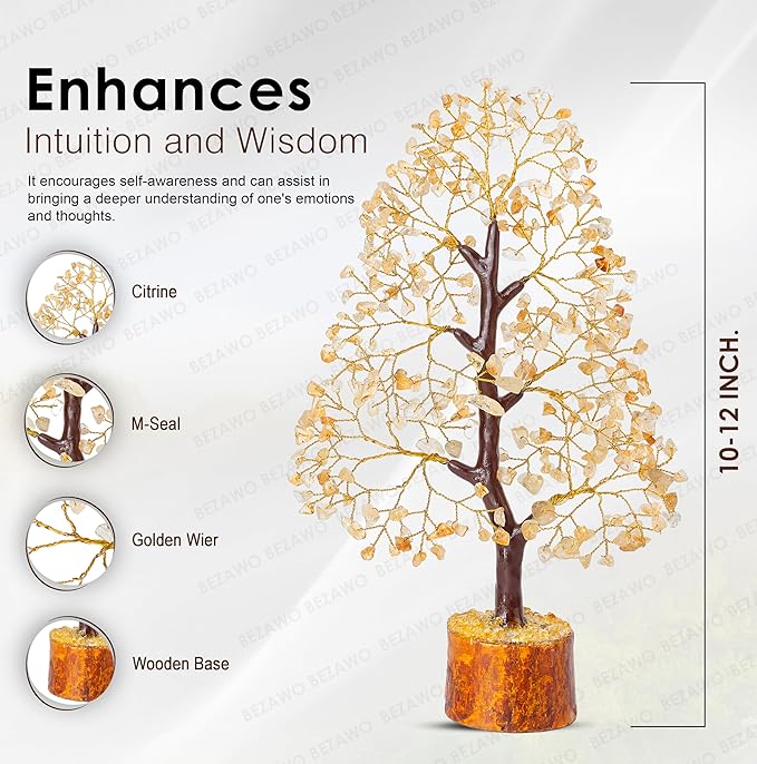 Crocon Citrine Gemstone Tree Feng Shui Figurine Money Bonsai Chakra Balancing Good Luck Prosperity Reiki Healing Crystals Decoration Ornament Sculpture Table Decor Gift Size 10-12"""