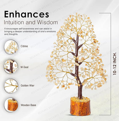 Crocon Citrine Gemstone Tree Feng Shui Figurine Money Bonsai Chakra Balancing Good Luck Prosperity Reiki Healing Crystals Decoration Ornament Sculpture Table Decor Gift Size 10-12"""