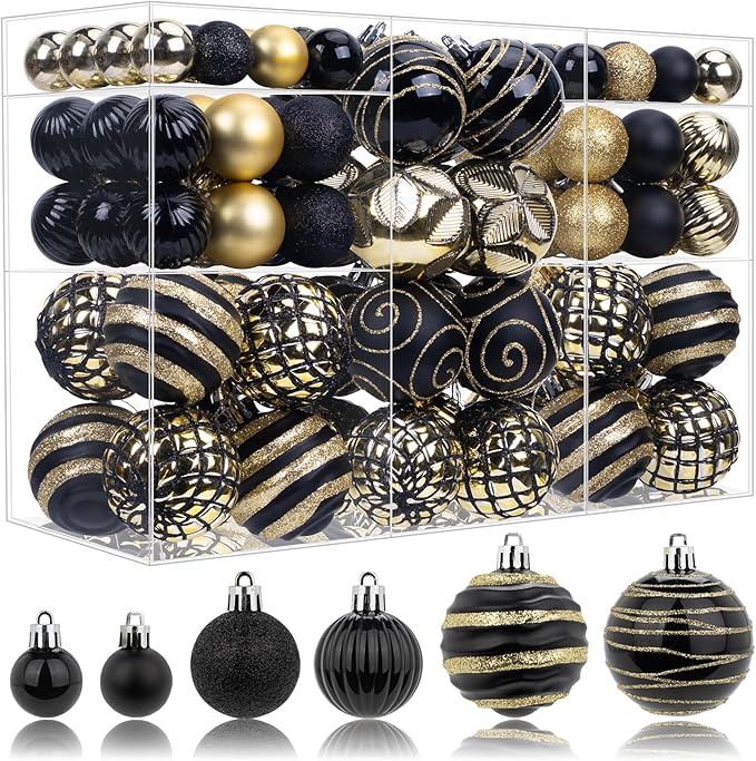 100 Pack Black and Gold Christmas Ball Ornaments Set, Hand-Painted Shatterproof Hanging Decorations, Assorted Baubles Bulk for Xmas Tree Wreath, Winter Holiday Home Party Decor