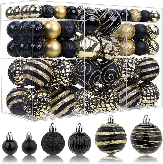 100 Pack Black and Gold Christmas Ball Ornaments Set, Hand-Painted Shatterproof Hanging Decorations, Assorted Baubles Bulk for Xmas Tree Wreath, Winter Holiday Home Party Decor
