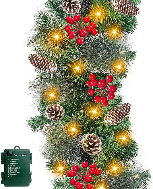 [ Timer & 8 Modes ] 9 Ft by 10 Inch 50 LED Prelit Christmas Garland Decorations Warm White Lights Thick 270 Snowy Tips 70 Red Berry 10 Pinecone Xmas Decor Garland Indoor