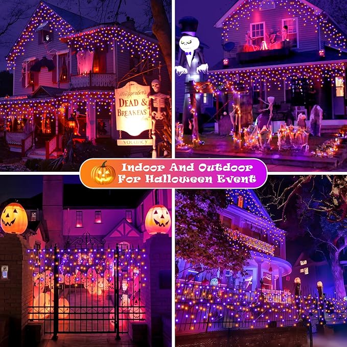 Heceltt Halloween Lights Outdoor Decorations, 640 LED 66FT Orange and Purple Light, 8 Modes Plug in 120 Drops Ice String Lights with Timer Memory Function Hanging Light for Halloween Party Decor