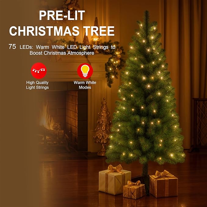 4ft Prelit Christmas Tree with 75 Warm White LEDs – 225 Tips, Hinged Branches, Plastic Stand – Small 4 Foot Christmas Tree for Bedroom, Office, Apartment Holiday Decor