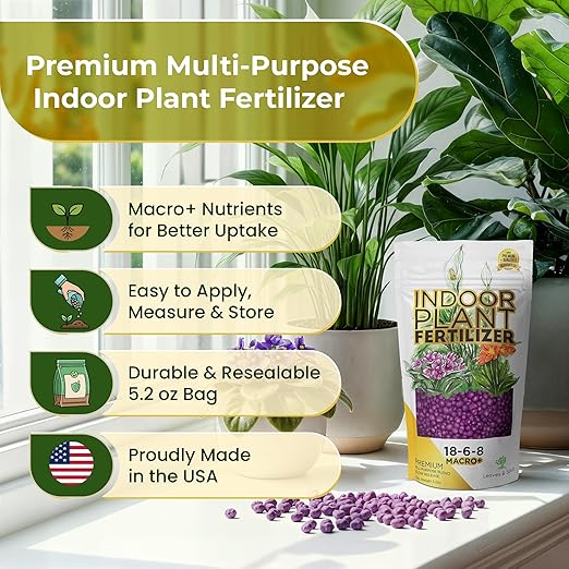Indoor Plant Fertilizer Pellets | 18-6-8 Macro Plus for Seedlings and Mature Plants | Multi-Purpose Blend & Gardening Supplies| 5.2 oz Resealable Packaging