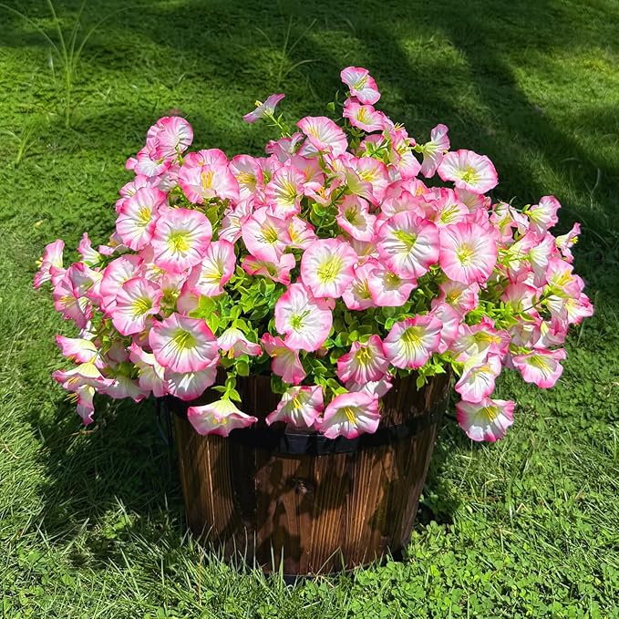 10 Bundles Artificial Flowers for Outdoor,UV Resistant Fake Petunia Flowers,Faux Plants for Outside Hanging Planters,Artificial Plants for Indoor Porch Garden Home Wedding Decor(White and Pink)