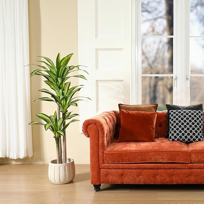 Artificial Plants, 5 Ft Dracaena Tree Faux Plants Indoor Outdoor Decor Fake Tree with Woven Seagrass Basket Plants for Home Decor Office Living Room Porch Patio Housewarming