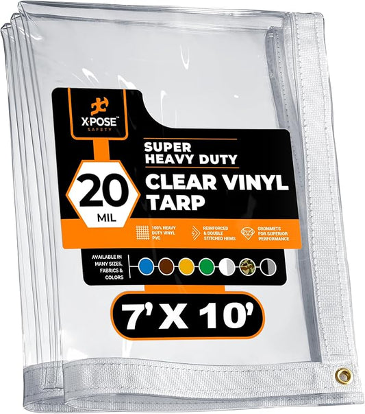 7' x 10' Clear Vinyl Tarp - Super Heavy Duty 20 Mil Transparent Waterproof PVC Tarpaulin with Brass Grommets - for Patio Enclosure, Camping, Outdoor Tent Cover, Porch Canopy - by Xpose Safety