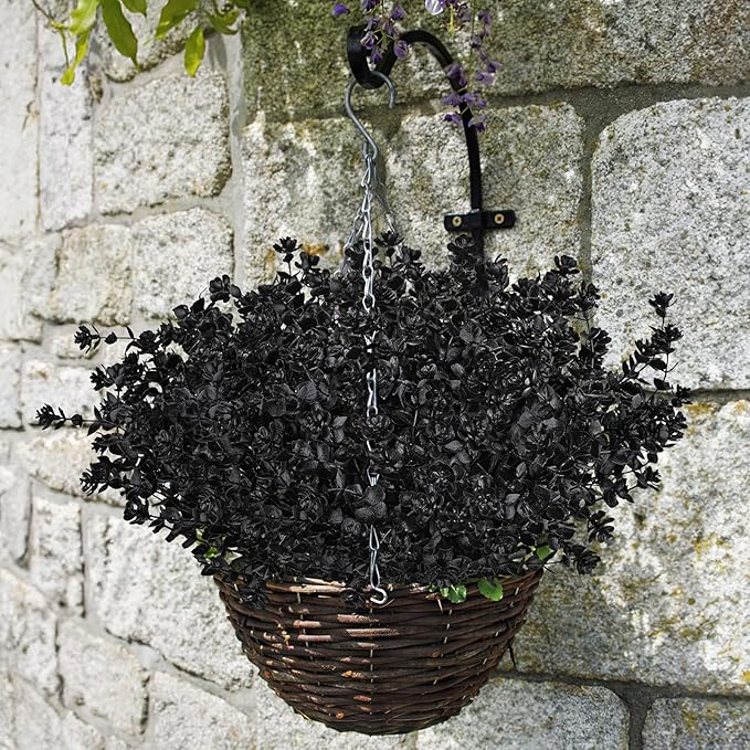AmyHomie 16 Bundles Black Eucalyptus Artificial Flowers for Outdoor UV Resistant Faux Flowers No Fade Fake Plastic Plants Garden Porch Window Box Decorating